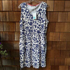 NWT Boden Blue and White Floral Cotton Sleeveless Dress with Pockets  Women's 14